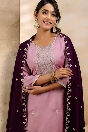 Floral embroidered silk blend blend round neck kurta trouser & dupatta set