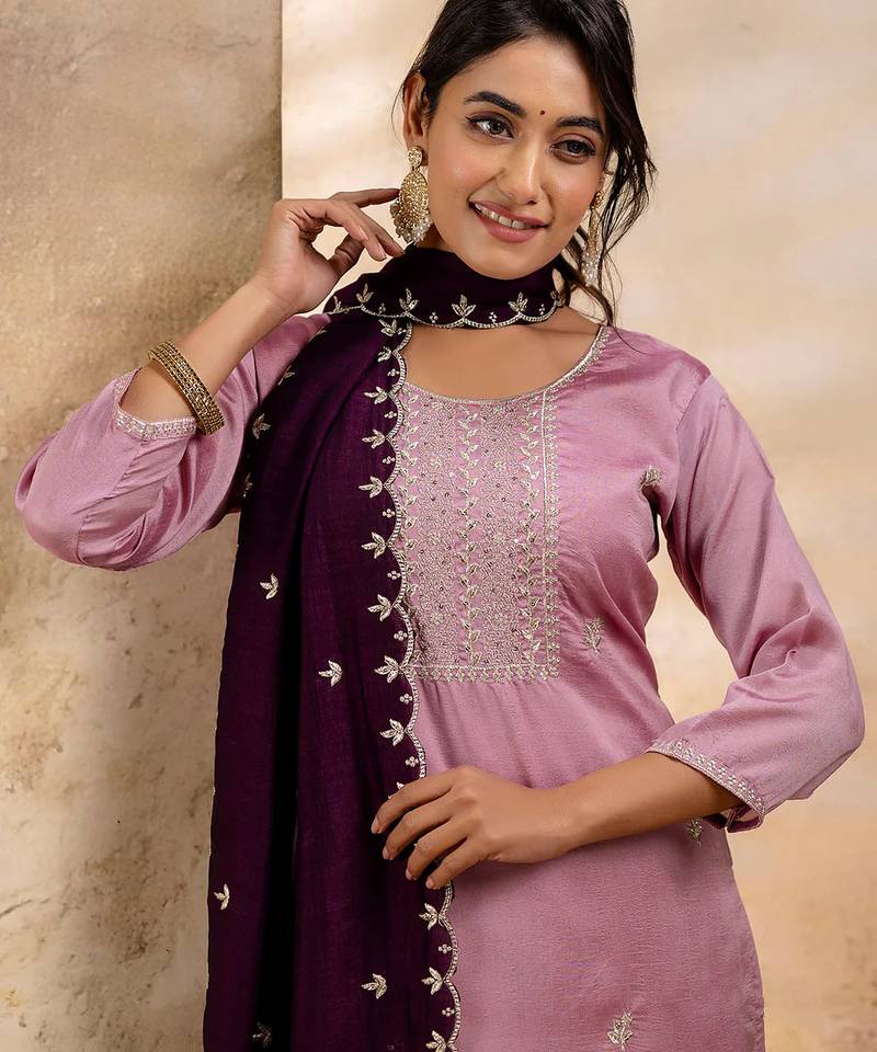 Floral embroidered silk blend round neck kurta trouser & dupatta set