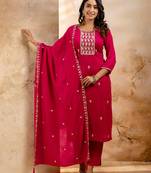Floral embroidered silk blend round neck kurta trouser & dupatta set