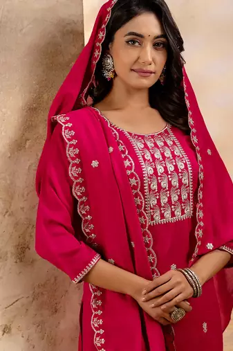 Floral embroidered silk blend blend round neck kurta trouser & dupatta set
