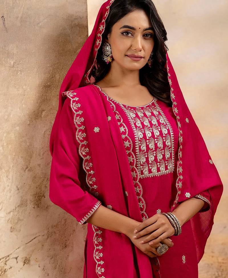Floral embroidered silk blend round neck kurta trouser & dupatta set