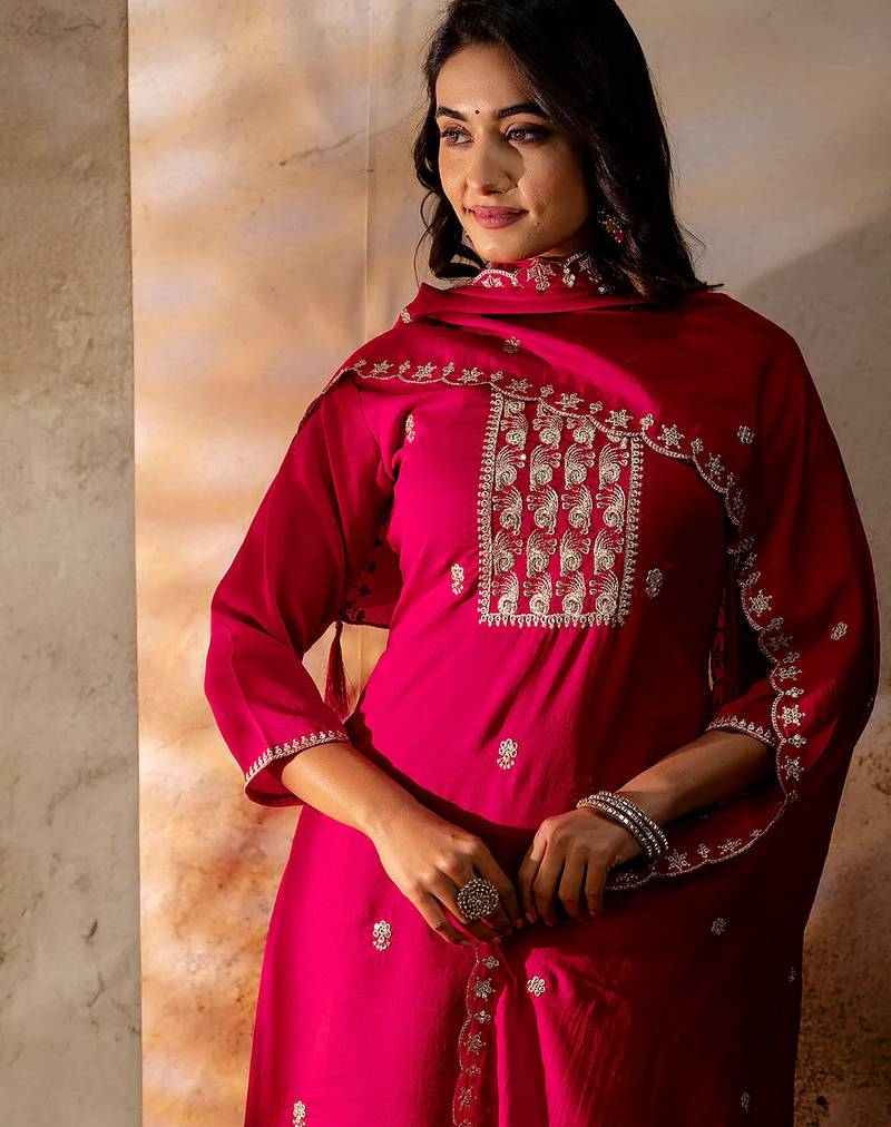 Floral embroidered silk blend round neck kurta trouser & dupatta set