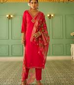 Floral embroidered silk blend v neck kurta trouser & dupatta set