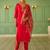 Floral embroidered silk blend v neck kurta trouser & dupatta set