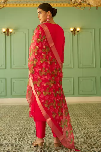 Floral embroidered silk blend blend v neck kurta trouser & dupatta set