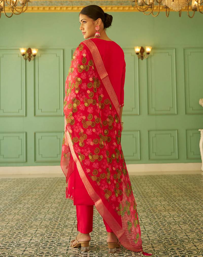 Floral embroidered silk blend v neck kurta trouser & dupatta set