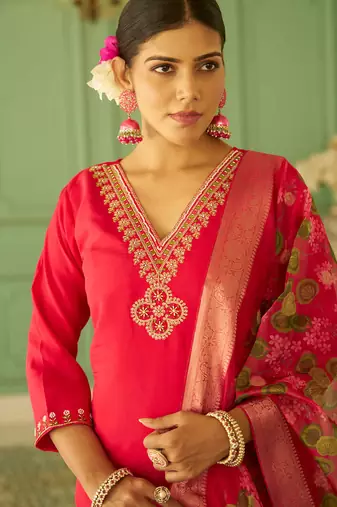 Floral embroidered silk blend blend v neck kurta trouser & dupatta set