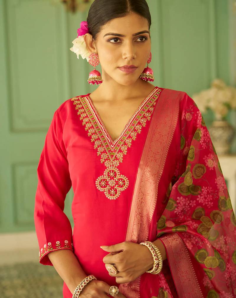 Floral embroidered silk blend v neck kurta trouser & dupatta set