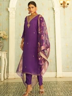 Floral embroidered silk blend blend v neck kurta trouser & dupatta set 1