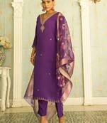 Floral embroidered silk blend v neck kurta trouser & dupatta set
