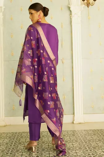 Floral embroidered silk blend blend v neck kurta trouser & dupatta set