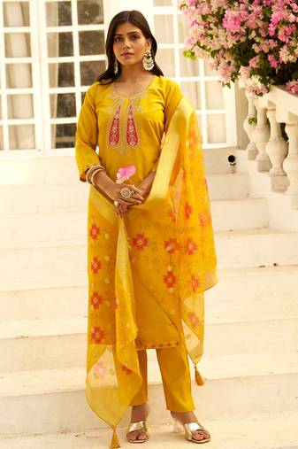 Floral embroidered silk blend round neck kurta trouser & dupatta set