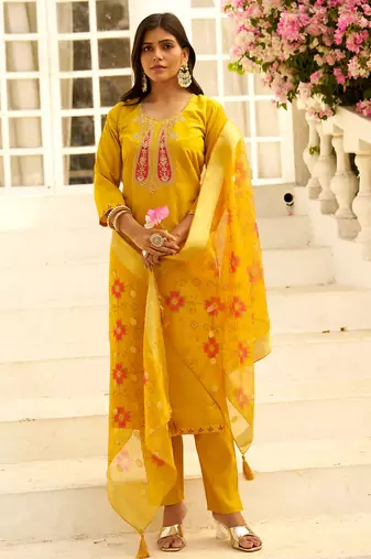 Floral embroidered silk blend round neck kurta trouser & dupatta set
