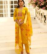 Floral embroidered silk blend round neck kurta trouser & dupatta set