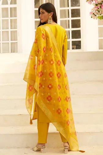 Floral embroidered silk blend blend round neck kurta trouser & dupatta set