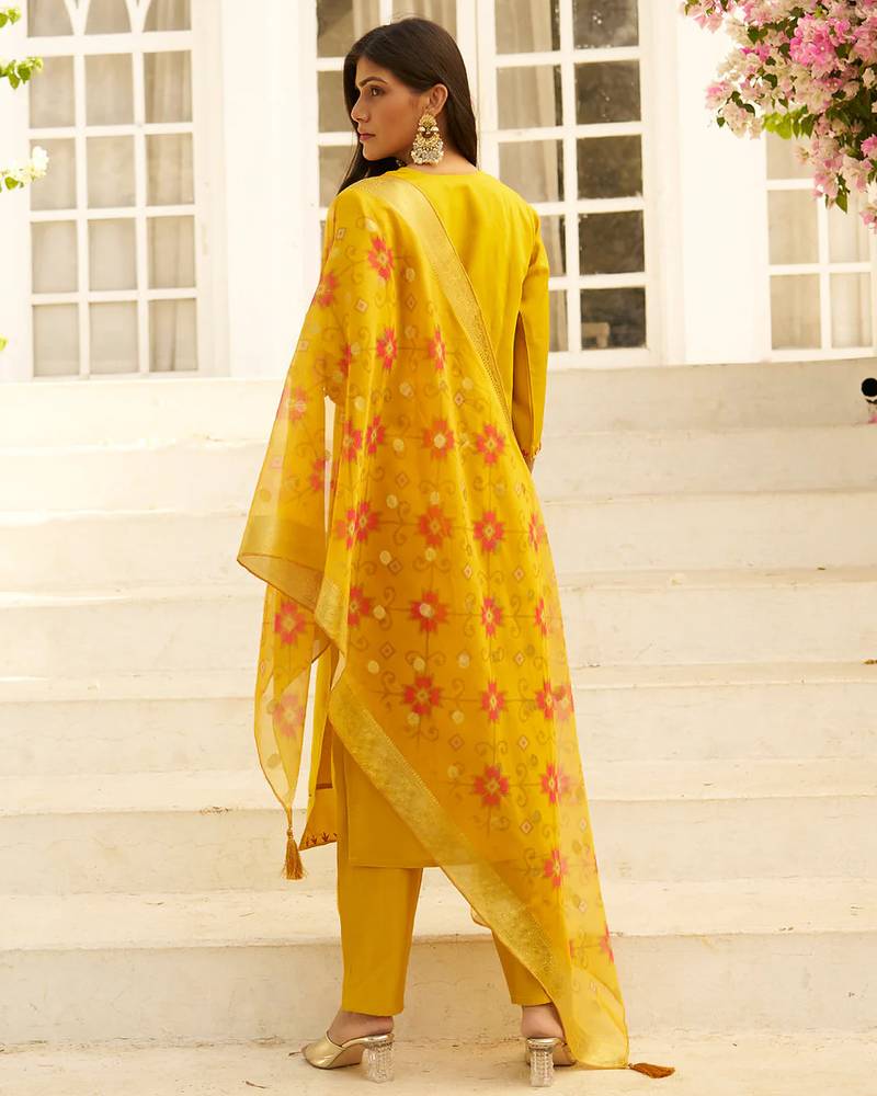 Floral embroidered silk blend round neck kurta trouser & dupatta set