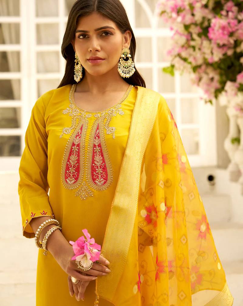 Floral embroidered silk blend round neck kurta trouser & dupatta set
