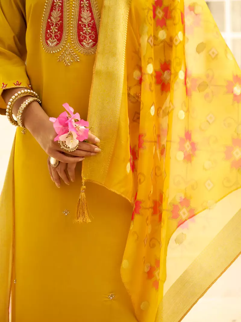 Floral embroidered silk blend round neck kurta trouser & dupatta set