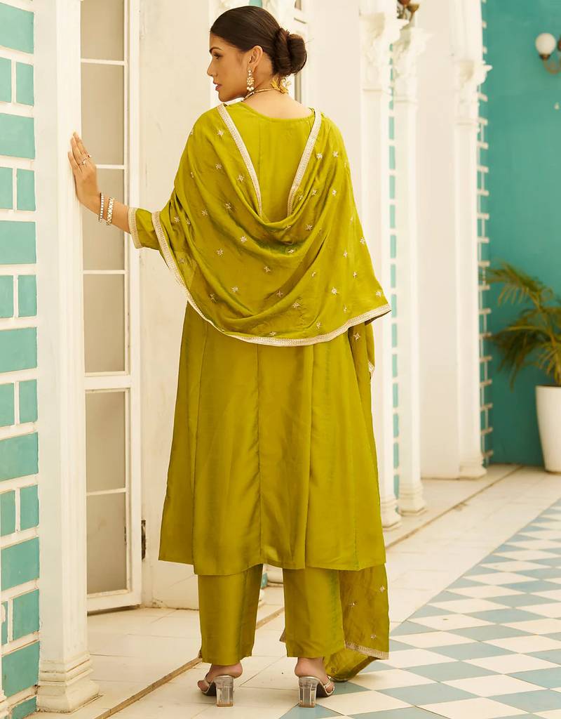 Floral embroidered silk blend round neck kurta trouser & dupatta set