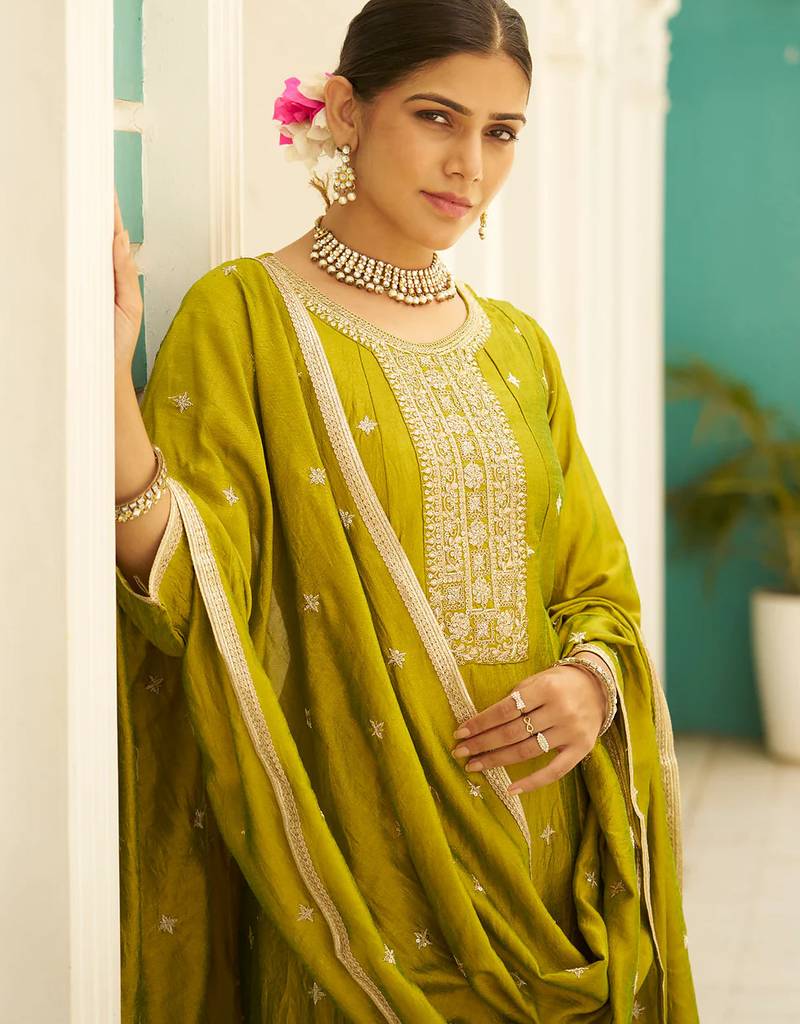 Floral embroidered silk blend round neck kurta trouser & dupatta set