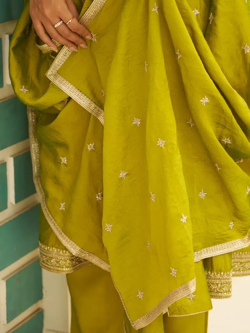 Floral embroidered silk blend round neck kurta trouser & dupatta set