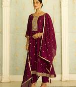 Floral embroidered silk blend round neck kurta trouser & dupatta set