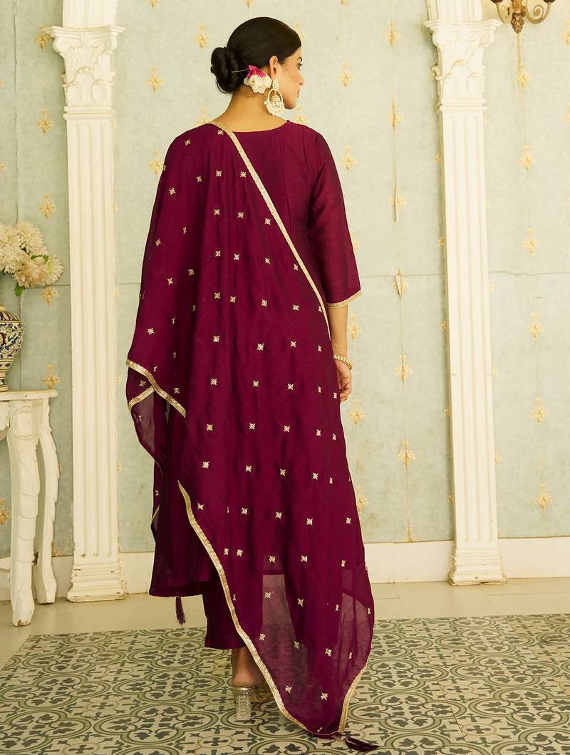 Floral embroidered silk blend round neck kurta trouser & dupatta set