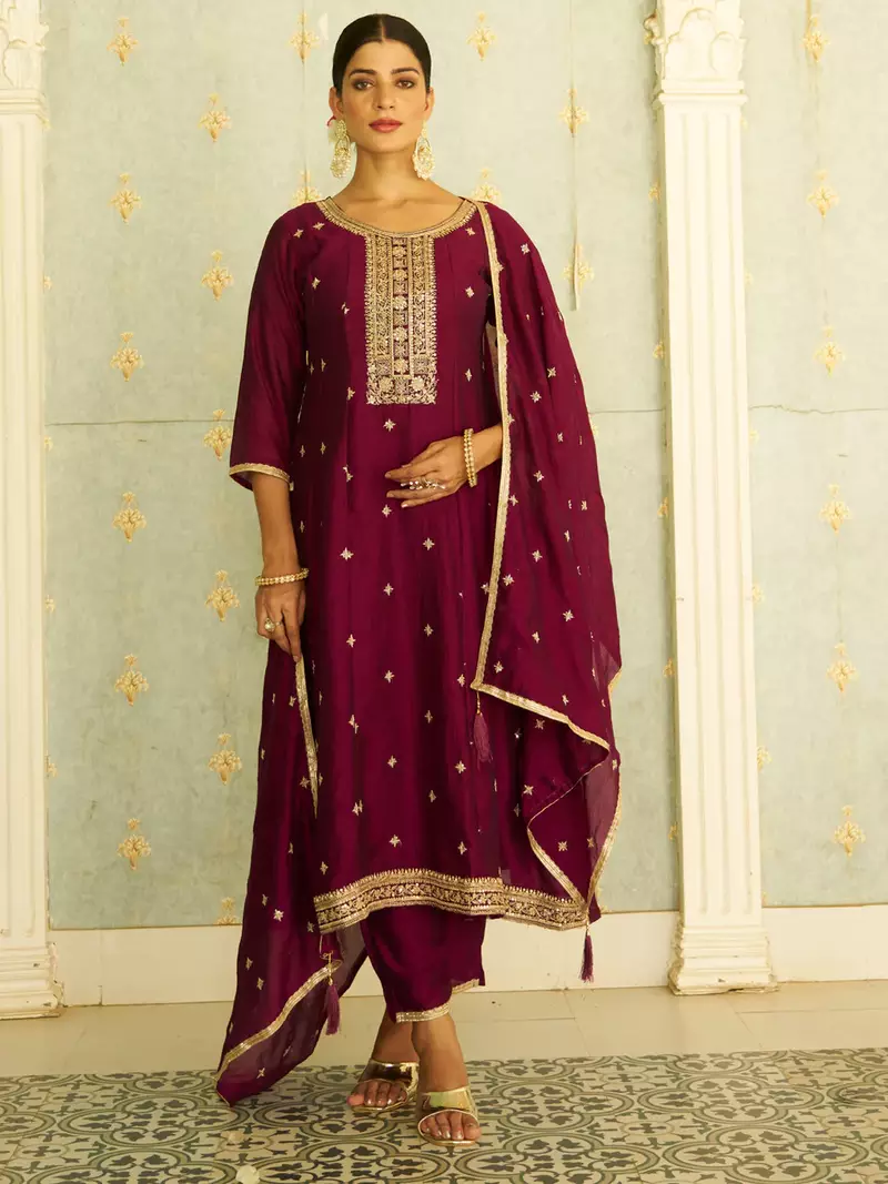 Floral embroidered silk blend round neck kurta trouser & dupatta set