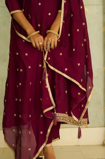 Floral embroidered silk blend blend round neck kurta trouser & dupatta set