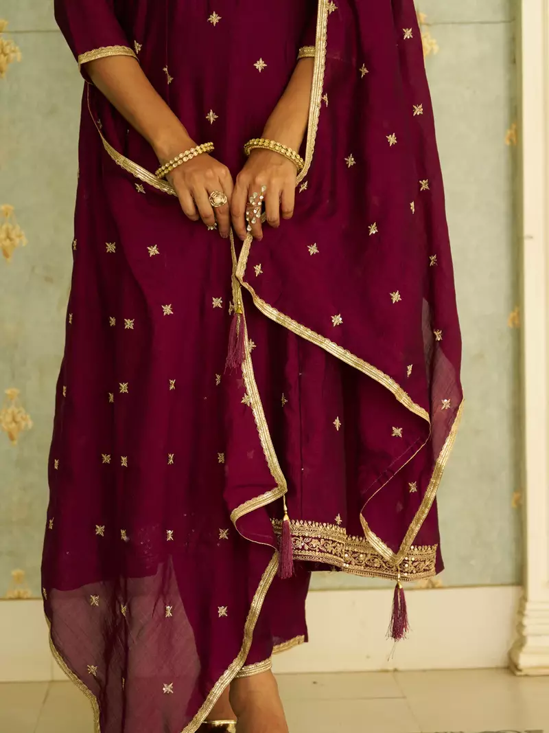 Floral embroidered silk blend round neck kurta trouser & dupatta set