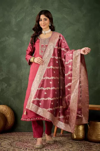 Floral embroidered viscose rayon round neck kurta trouser & dupatta set