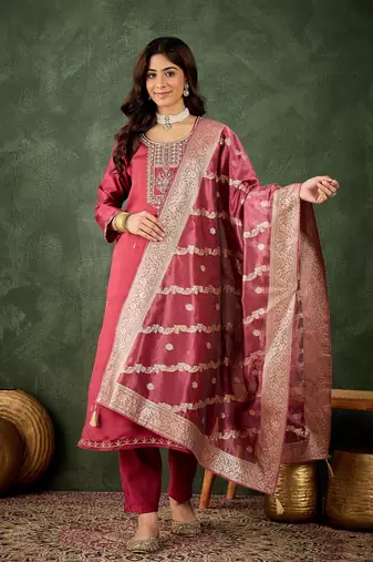 Floral embroidered viscose rayon round neck kurta trouser & dupatta set