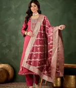 Floral embroidered viscose rayon round neck kurta trouser & dupatta set