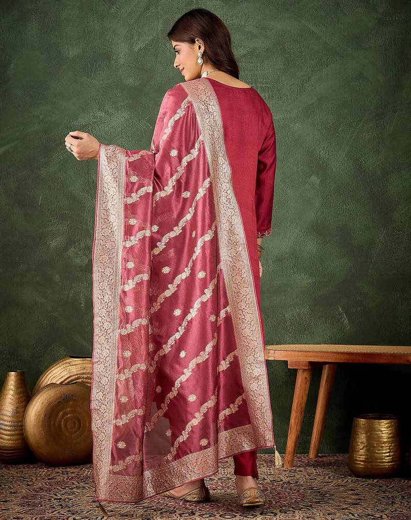 Floral embroidered viscose rayon round neck kurta trouser & dupatta set