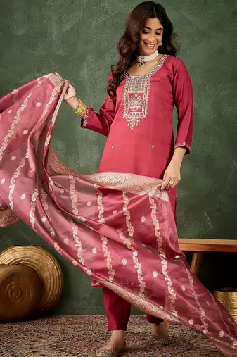 Floral embroidered viscose rayon round neck kurta trouser & dupatta set