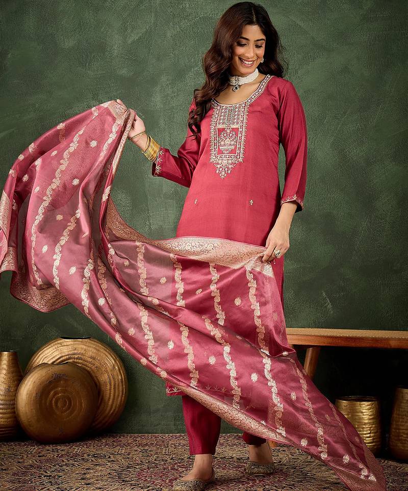 Floral embroidered viscose rayon round neck kurta trouser & dupatta set