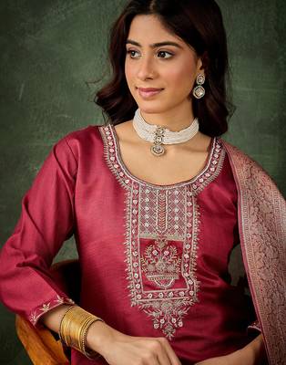 Floral embroidered viscose rayon round neck kurta trouser & dupatta set 4