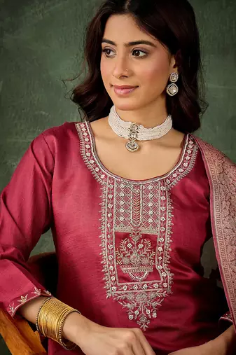 Floral embroidered viscose rayon round neck kurta trouser & dupatta set