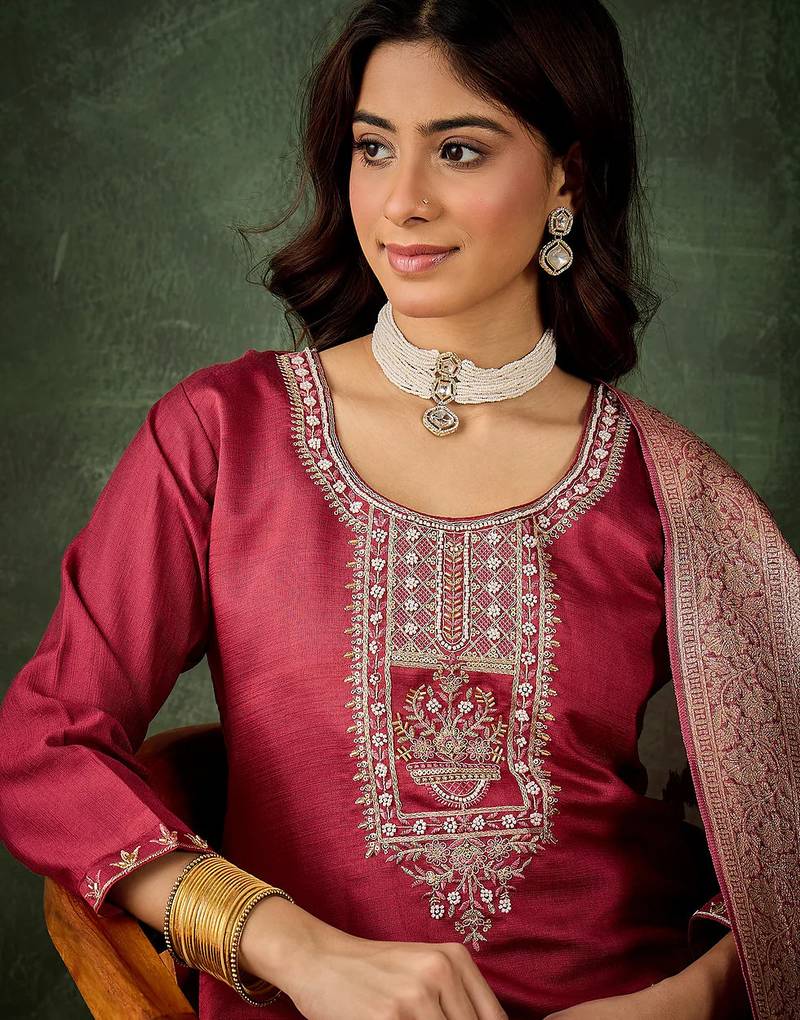 Floral embroidered viscose rayon round neck kurta trouser & dupatta set