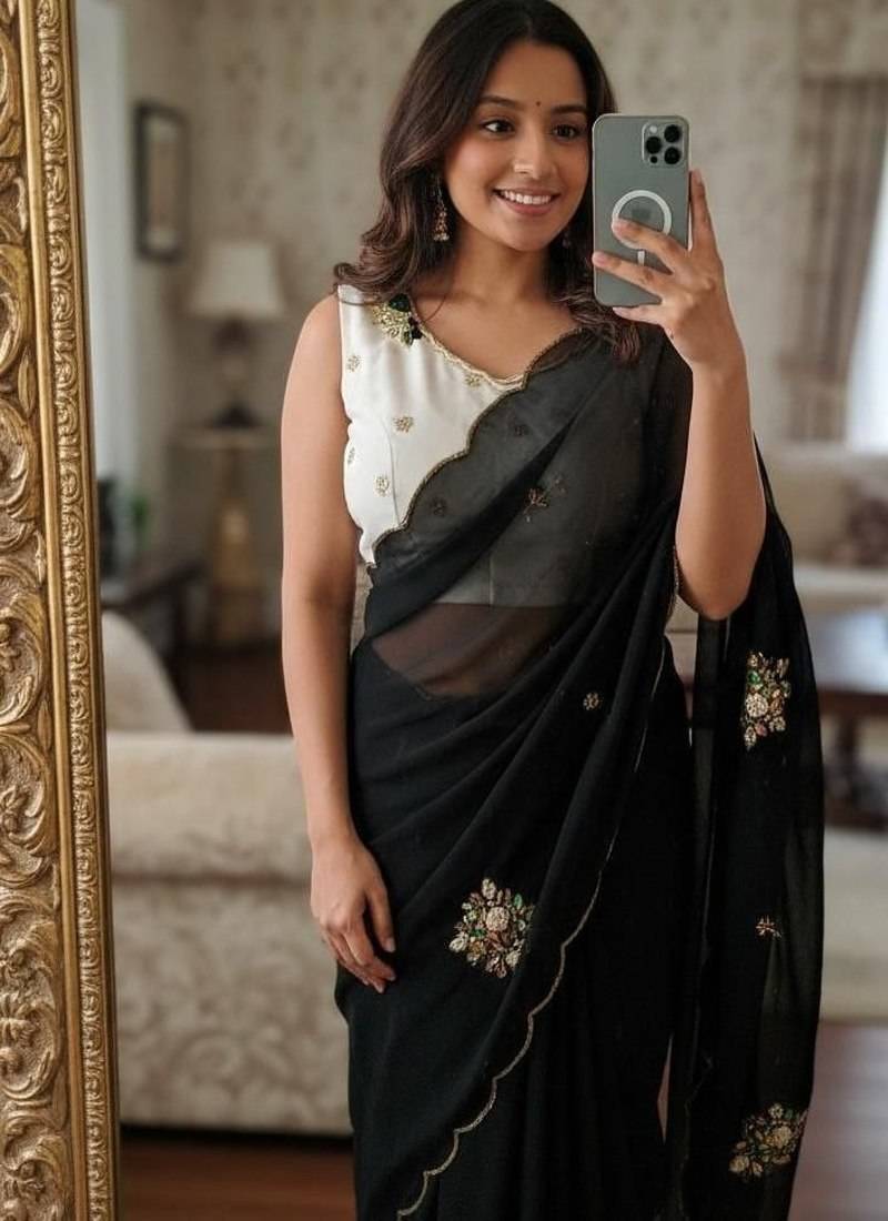 Black Color  handwork Georgette Saree