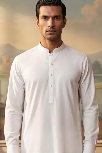 Mens white silk blend solid solid kurta