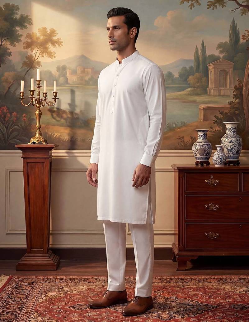 Mens white silk blend solid solid kurta