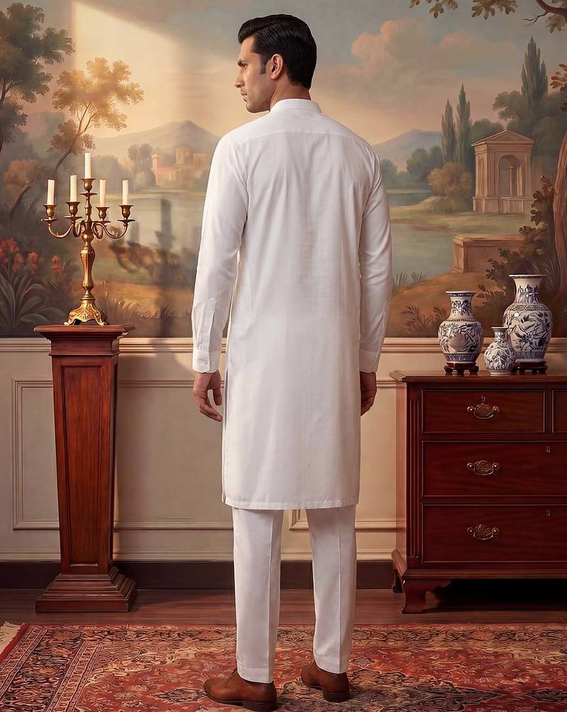 Mens white silk blend solid solid kurta