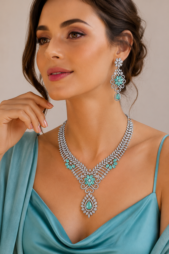 Rhodium finish light turquoise diamond necklace set