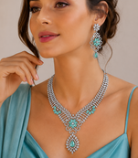 Rhodium finish light turquoise diamond necklace set