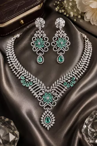 Rhodium finish light turquoise diamond necklace set