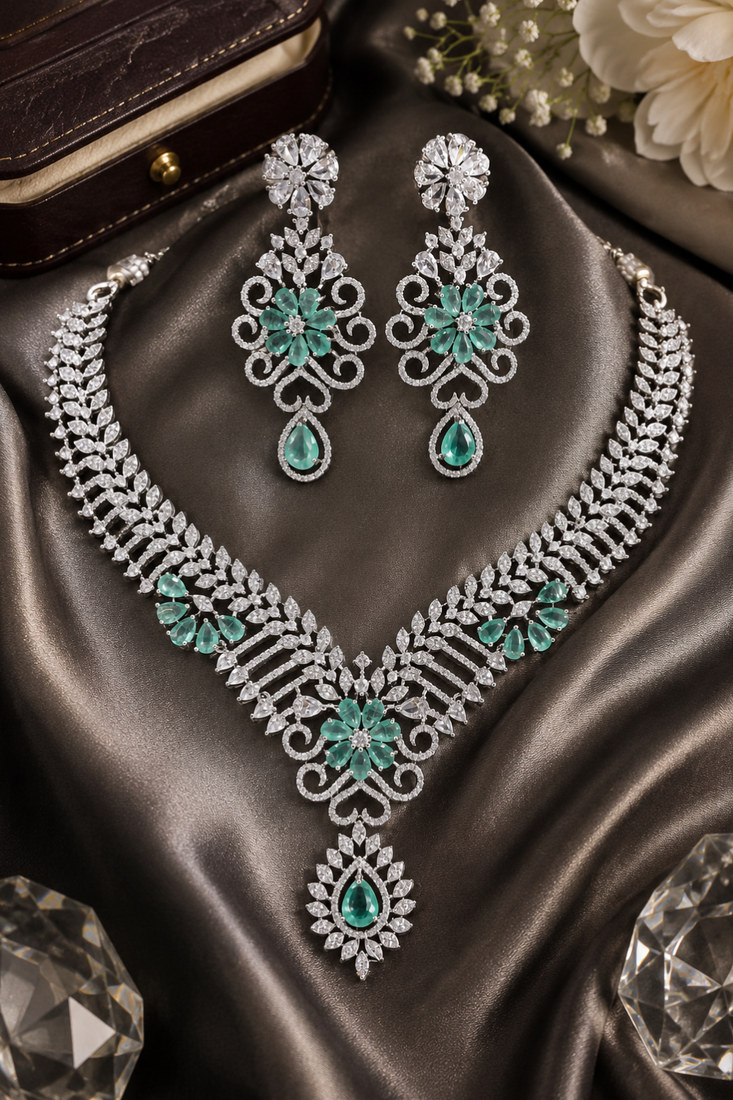 Rhodium finish light turquoise diamond necklace set