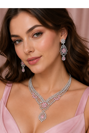 Rhodium finish baby pink diamond necklace set 1