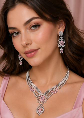 Rhodium finish baby pink diamond necklace set