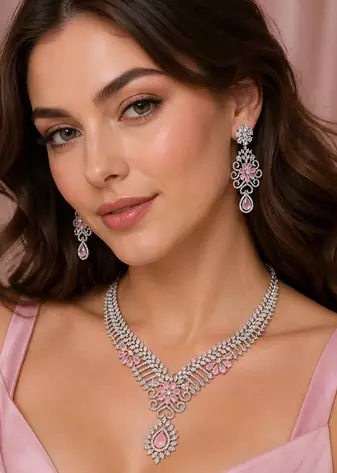 Rhodium finish baby pink diamond necklace set